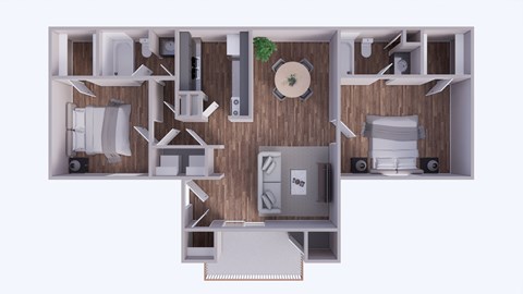 A 3D floor plan of a house with a kitchen, living room, and two bedrooms.